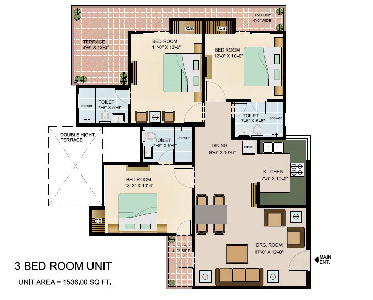 Floor plan of 3 BHK 1536 Sq. Ft. Apartment in The Bhagwati CGHS, Delhi