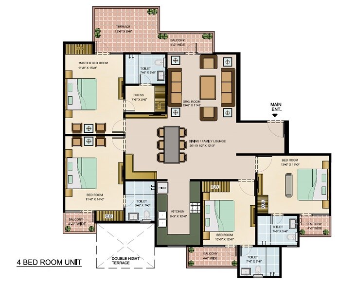 Floor plan of 4 BHK 2200 Sq. Ft. Apartment in The Bhagwati CGHS, Delhi