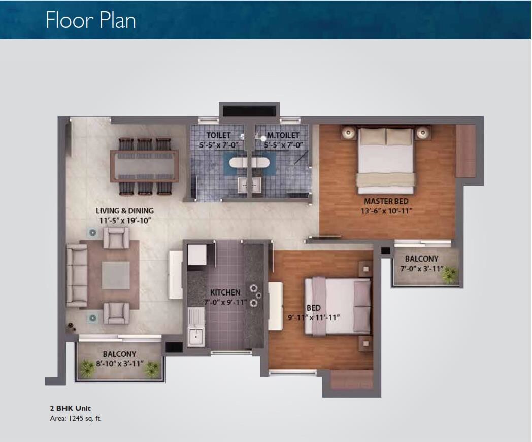 Floor plan of 2 BHK 1245 Sq. Ft. Apartment in Umang Winter Hills Dwarka Mor, Delhi