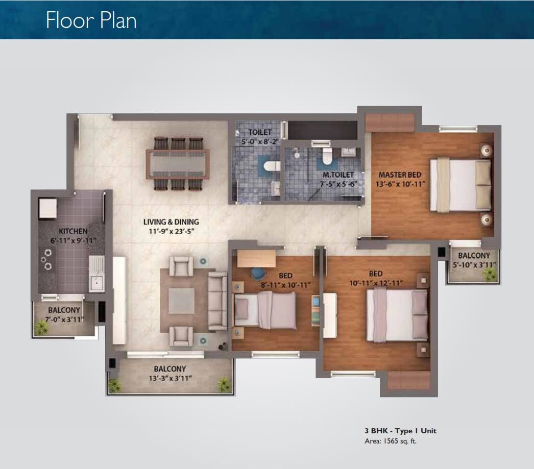 Floor plan of 3 BHK 1638 Sq. Ft. Apartment in Umang Winter Hills Dwarka Mor, Delhi