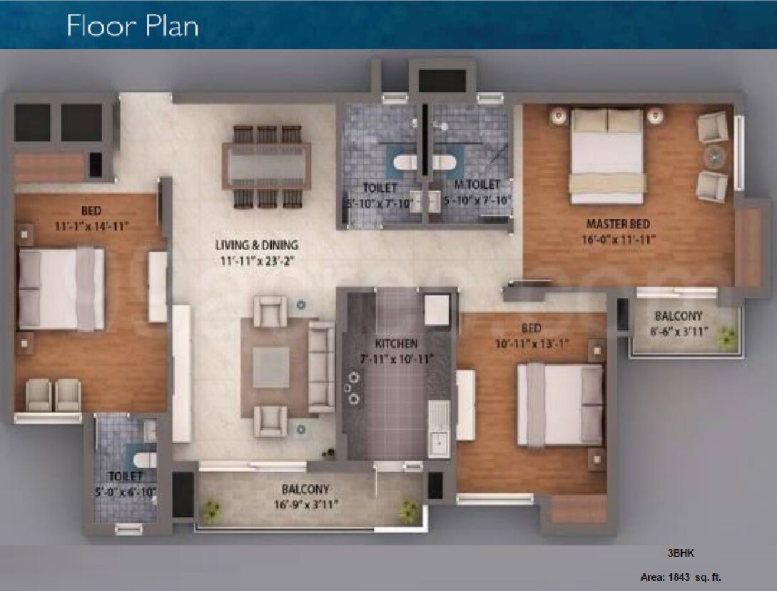 Floor plan of 3 BHK 1843 Sq. Ft. Apartment in Umang Winter Hills Dwarka Mor, Delhi