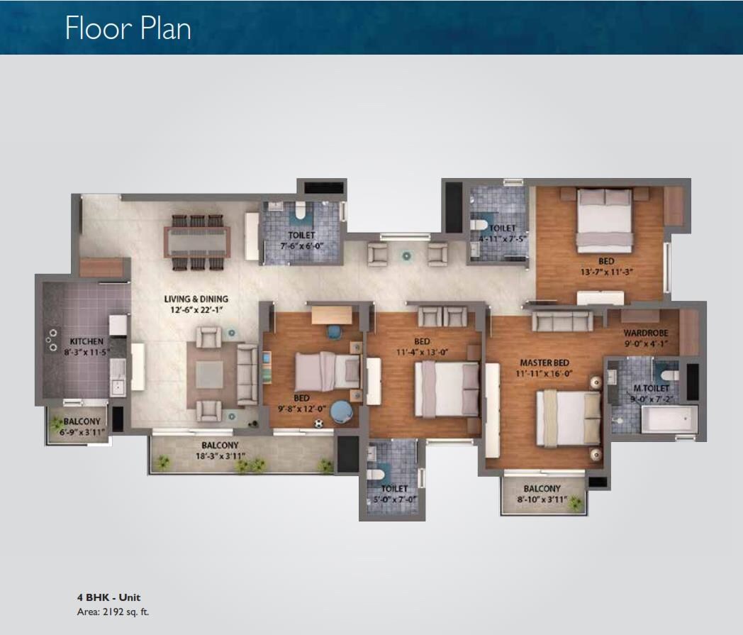 Floor plan of 4 BHK 2302 Sq. Ft. Apartment in Umang Winter Hills Dwarka Mor, Delhi