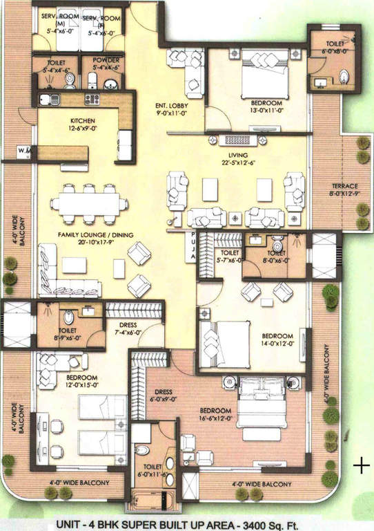 Floor plan of 4 BHK 3400 Sq. Ft. Apartment in Unity Premium Residences, Delhi