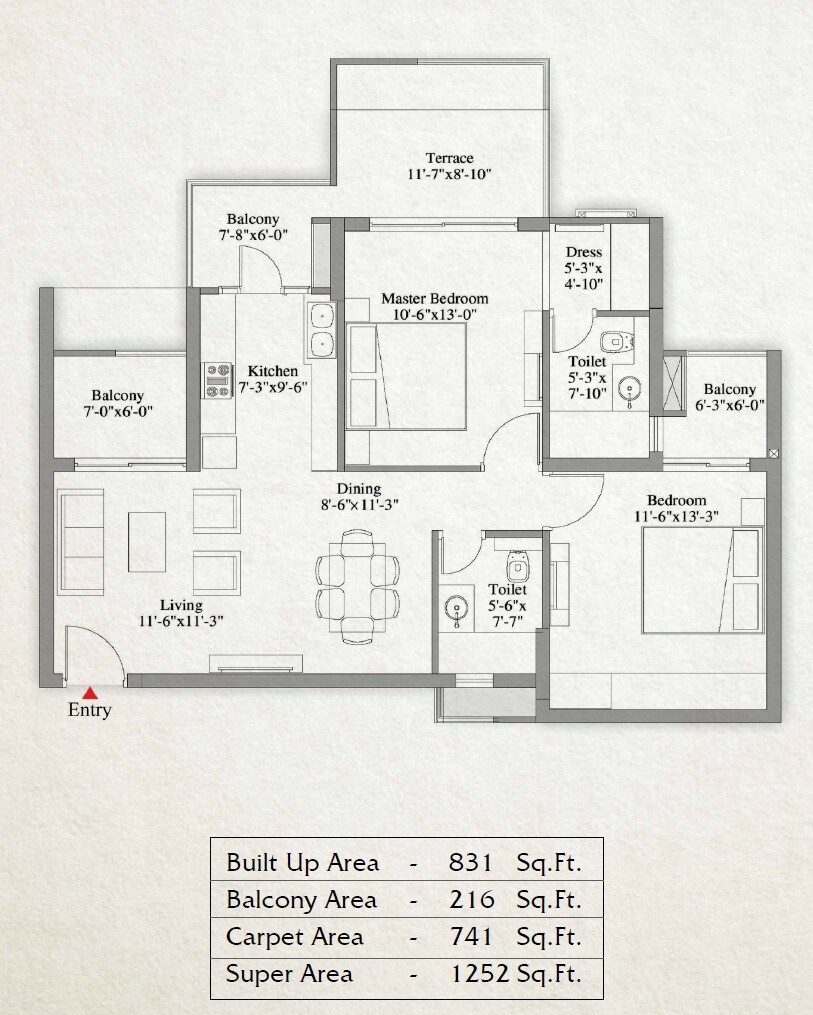 Floor plan of 2 BHK 1252 Sq. Ft. Apartment in Unity The Amaryllis, Delhi