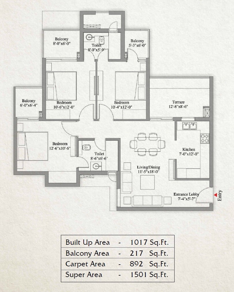 Floor plan of 3 BHK 1501 Sq. Ft. Apartment in Unity The Amaryllis, Delhi