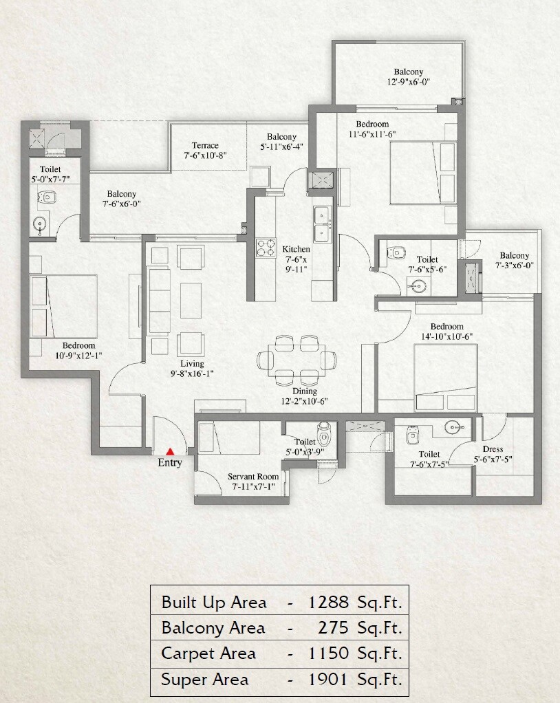 Floor plan of 3 BHK 1901 Sq. Ft. Apartment in Unity The Amaryllis, Delhi