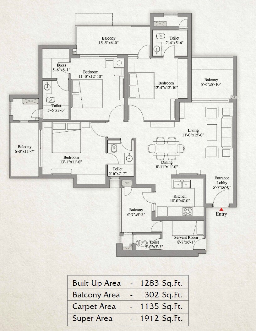 Floor plan of 3 BHK 1912 Sq. Ft. Apartment in Unity The Amaryllis, Delhi