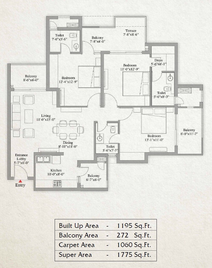 Floor plan of 3 BHK 1775 Sq. Ft. Apartment in Unity The Amaryllis, Delhi
