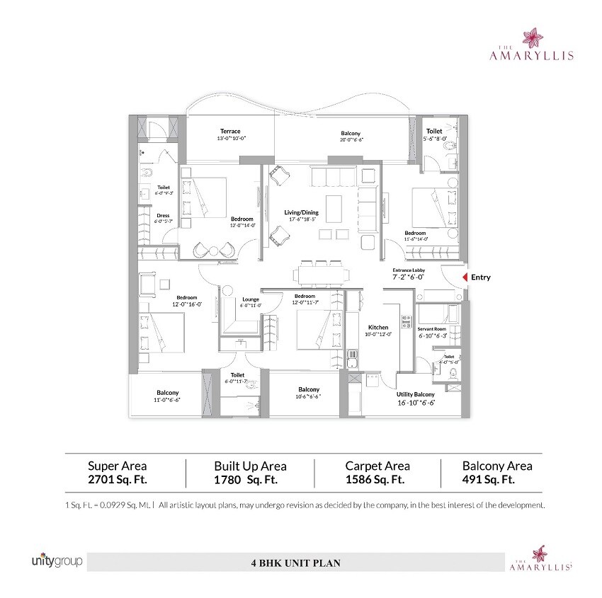 Floor plan of 4 BHK 2701 Sq. Ft. Apartment in Unity The Amaryllis Phase 2, Delhi
