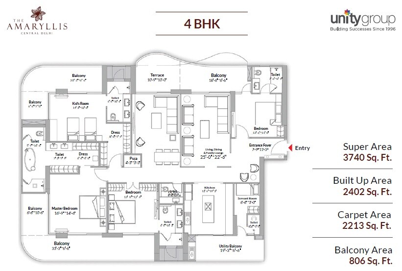 Floor plan of 4 BHK 3740 Sq. Ft. Apartment in Unity The Amaryllis Phase 2, Delhi