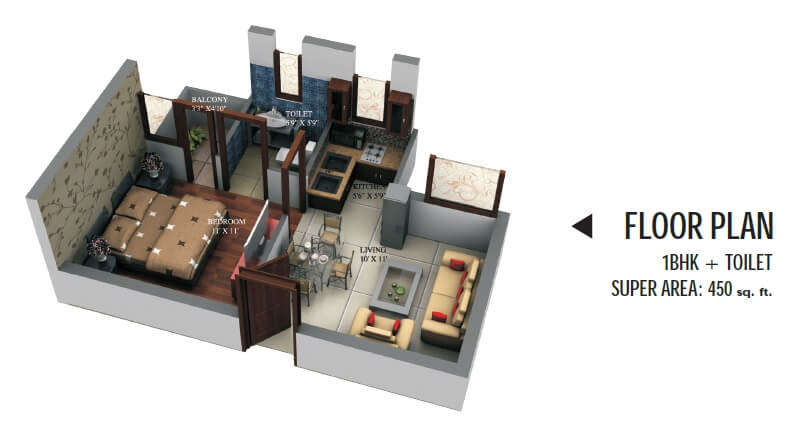 Floor plan of 1 BHK 450 Sq. Ft. Apartment in Yatharth Delhi Heights, Delhi