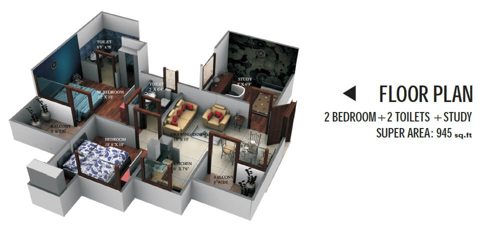 Floor plan of 2 BHK 945 Sq. Ft. Apartment in Yatharth Delhi Heights, Delhi