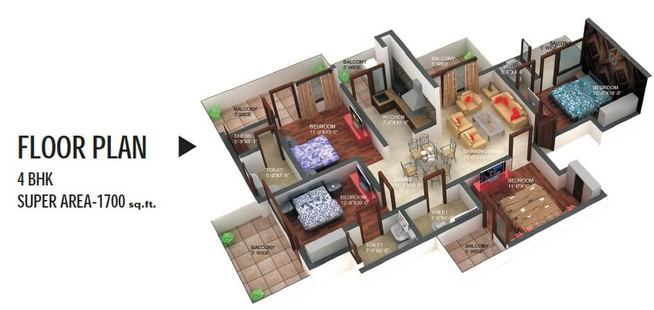 Floor plan of 4 BHK 1700 Sq. Ft. Apartment in Yatharth Delhi Heights, Delhi