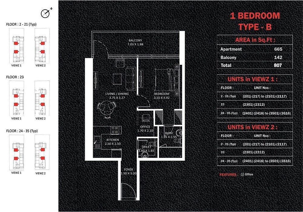 1 Bed 807 Sq. Ft. Apartment