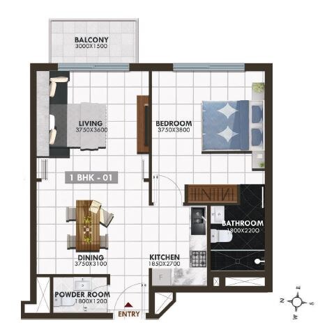 1 Bed 690 Sq. Ft. Apartment