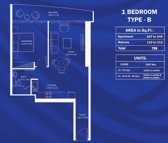 1 Bed 759 Sq. Ft. Apartment