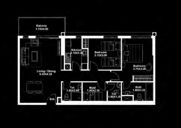2 Beds 1093 Sq. Ft. Apartment