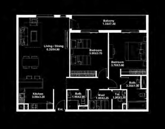 2 Beds 1254 Sq. Ft. Apartment