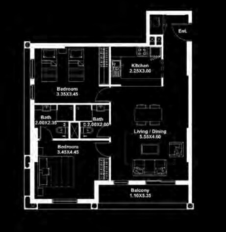 2 Beds 973 Sq. Ft. Apartment