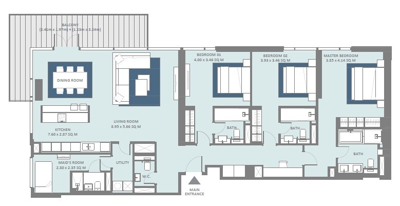 3 Beds 2102 Sq. Ft. Apartment