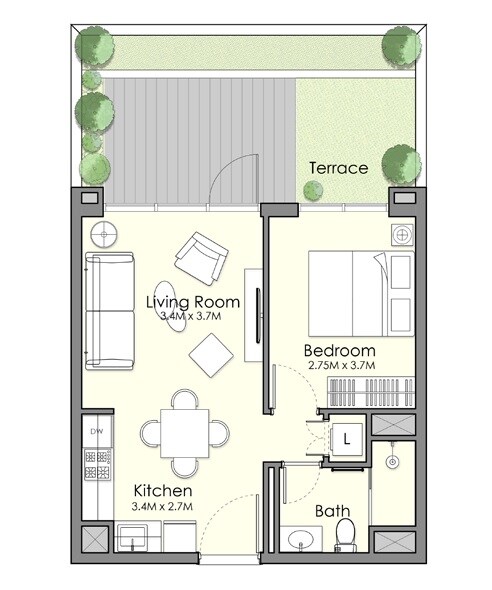 1 Bed 692 Sq. Ft. Apartment