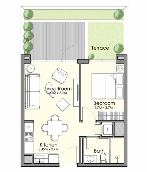1 Bed 696 Sq. Ft. Apartment