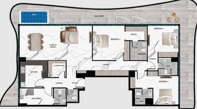 3 Beds 3398 Sq. Ft. Apartment
