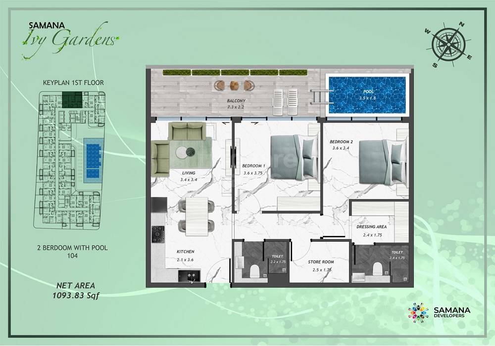2 Beds 1094 Sq. Ft. Apartment