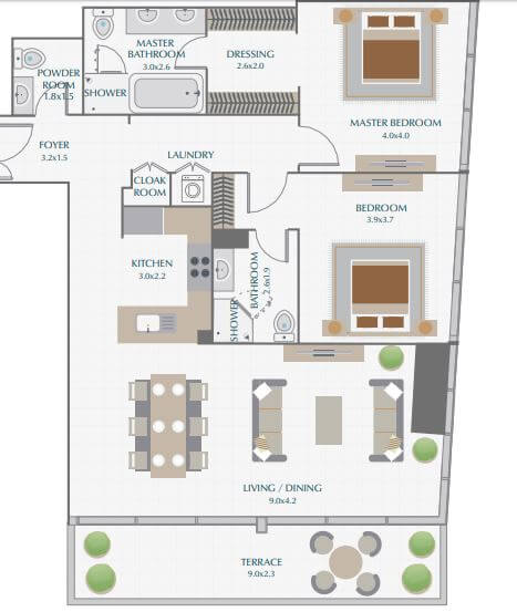 2 Beds 1637 Sq. Ft. Apartment