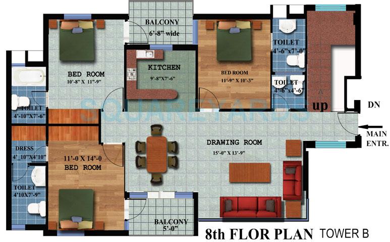 Floor plan of 3 BHK 2437 Sq. Ft. Apartment in Achievers Status Enclave, Faridabad