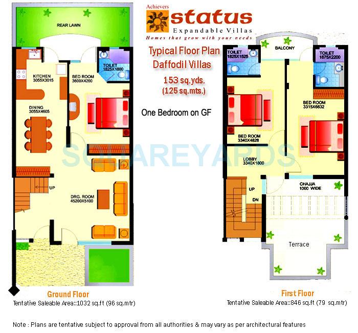 Floor plan of 3 BHK 1878 Sq. Ft. Villa in Achievers Status Expandable Villa, Faridabad