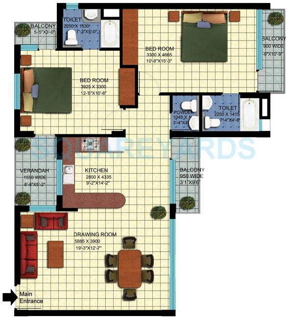 Floor plan of 2 BHK 1326 Sq. Ft. Apartment in Achievers Status Enclave, Faridabad