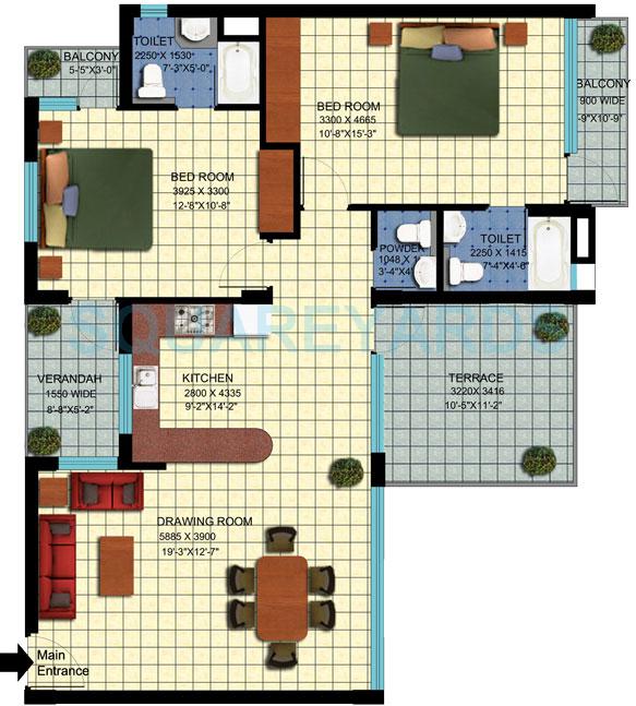 Floor plan of 2 BHK 1370 Sq. Ft. Apartment in Achievers Status Enclave, Faridabad