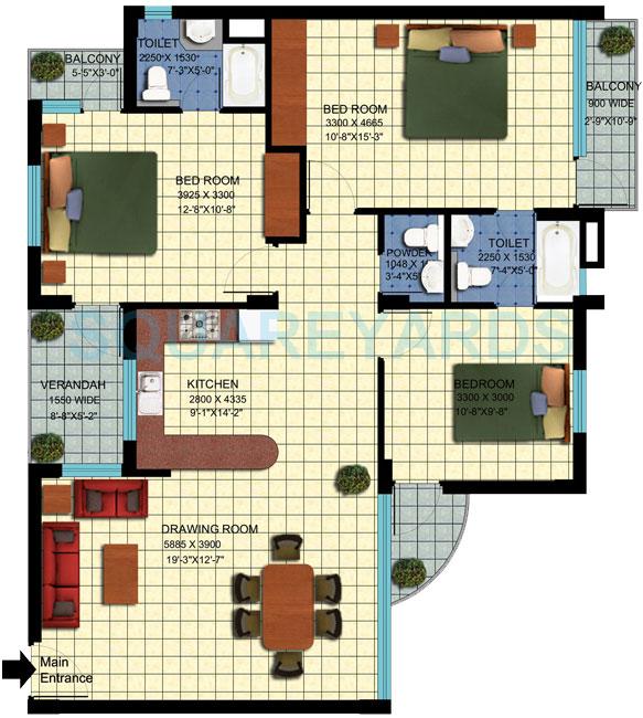 Floor plan of 2 BHK 1439 Sq. Ft. Apartment in Achievers Status Enclave, Faridabad