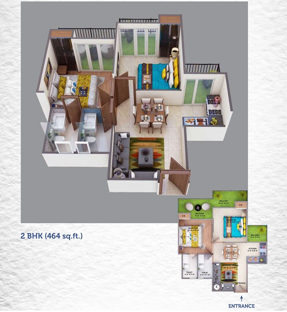 Floor plan of 2 BHK 593 Sq. Ft. Apartment in Adore Ananda, Faridabad