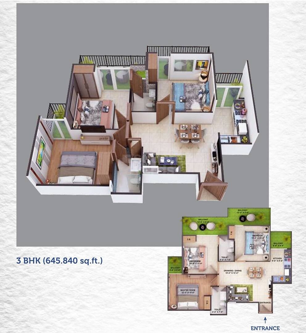 Floor plan of 3 BHK 843 Sq. Ft. Apartment in Adore Ananda, Faridabad