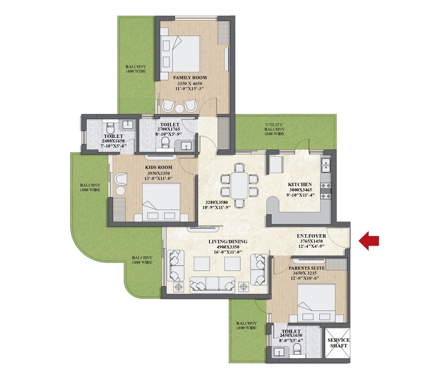 3 BHK 1900 Sq. Ft. Apartment