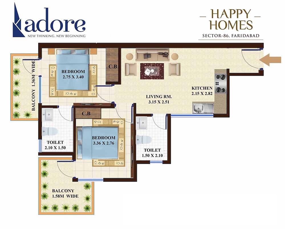 Floor plan of 2 BHK 478 Sq. Ft. Apartment in Adore Happy Homes, Faridabad