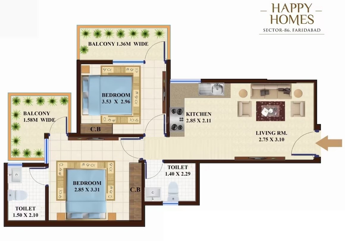 Floor plan of 2 BHK 505 Sq. Ft. Apartment in Adore Happy Homes, Faridabad