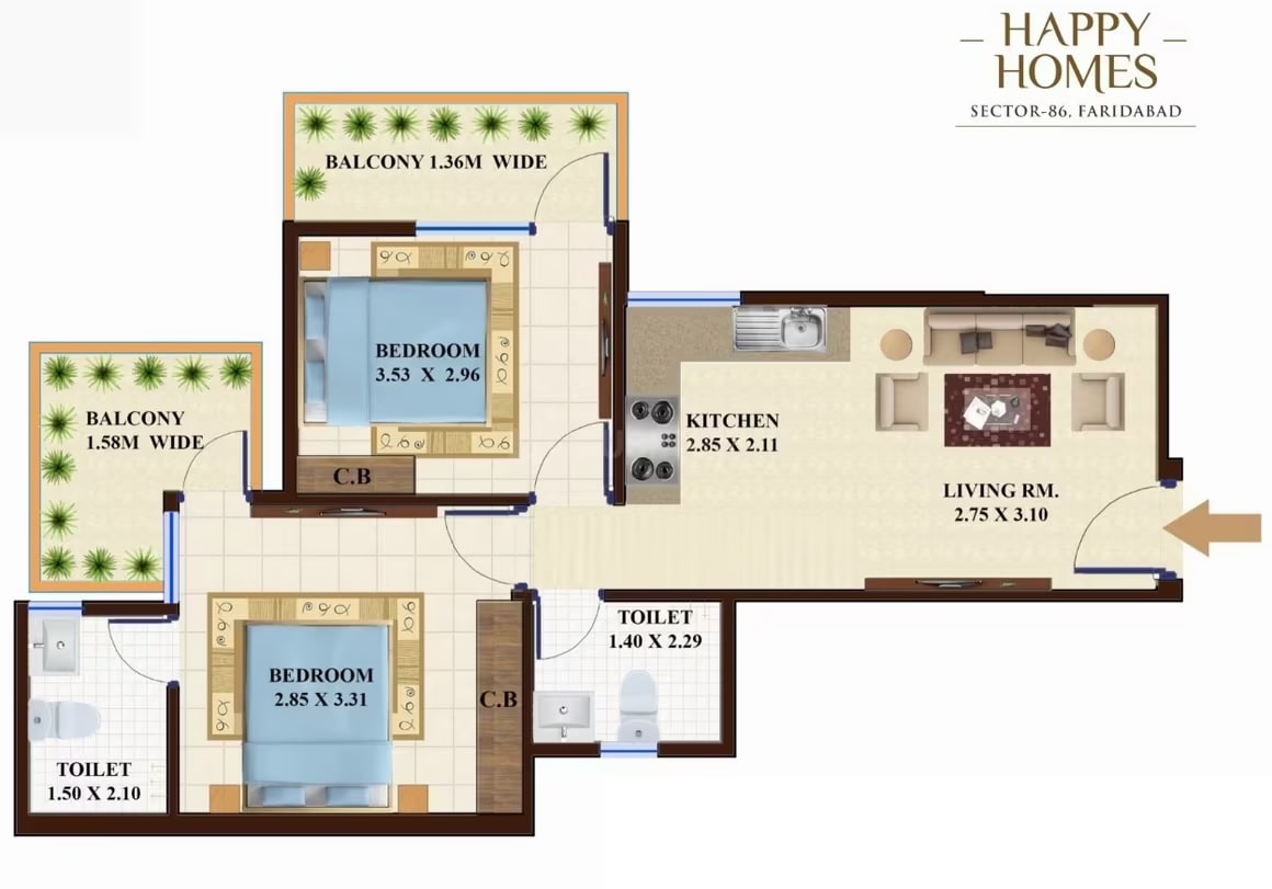 2 BHK 505 Sq. Ft. Apartment