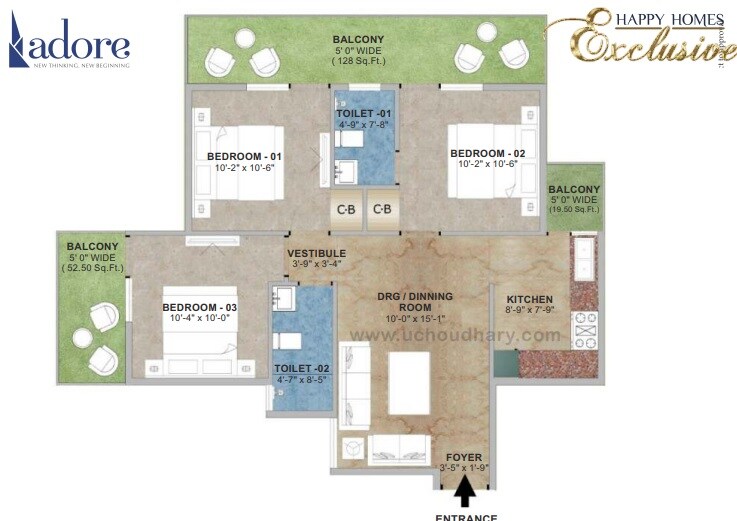 Floor plan of 3 BHK 645 Sq. Ft. Apartment in Adore Happy Homes, Faridabad