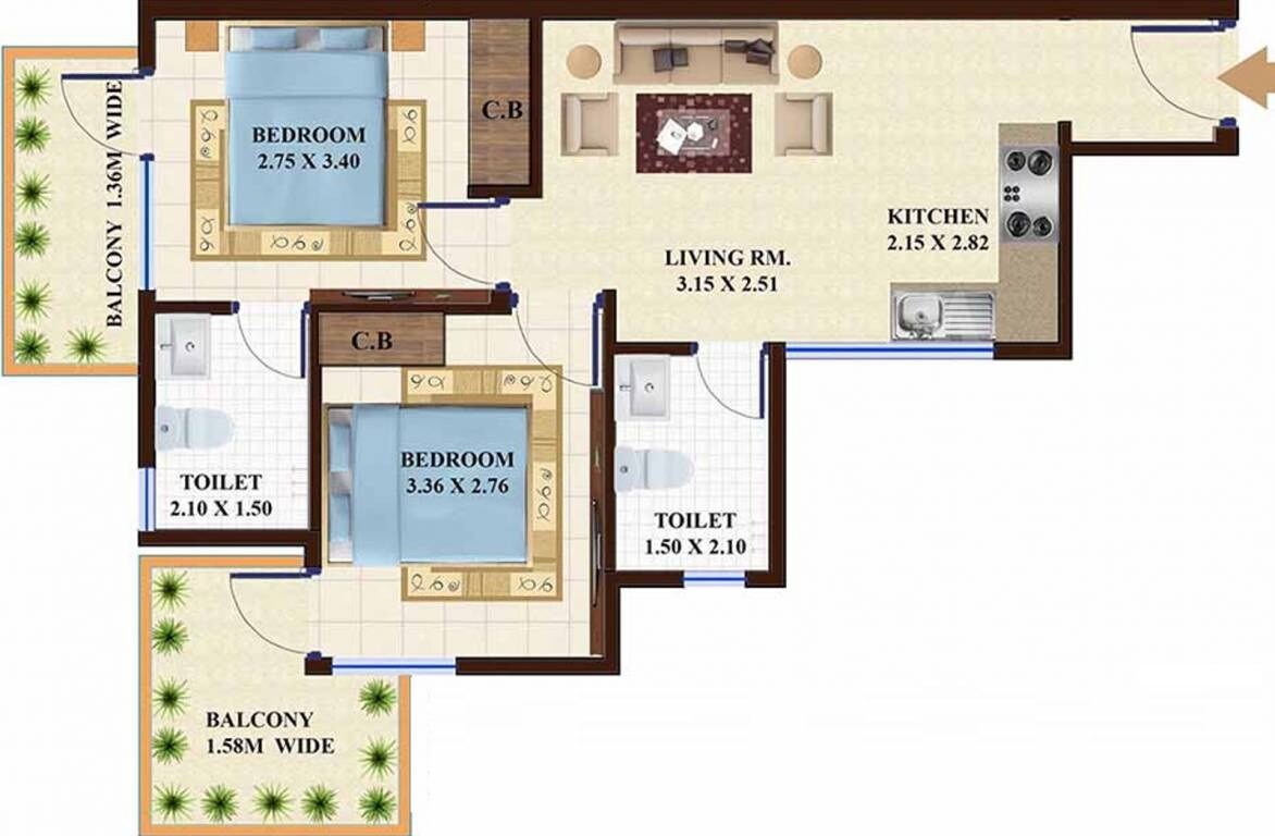 Floor plan of 2 BHK 492 Sq. Ft. Apartment in Adore Happy Homes Exclusive, Faridabad