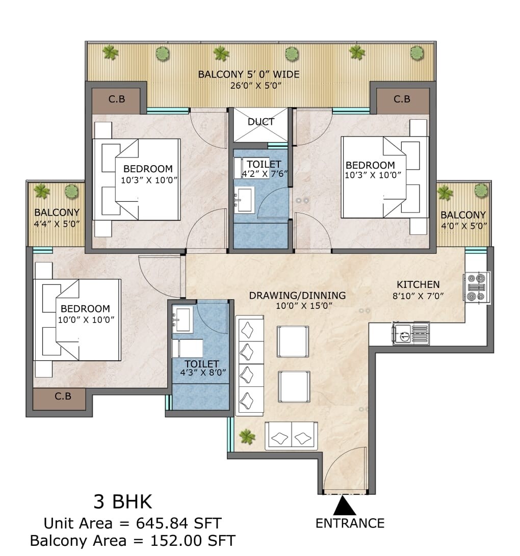 Floor plan of 3 BHK 645 Sq. Ft. Apartment in Adore Happy Homes Exclusive Phase 2, Faridabad