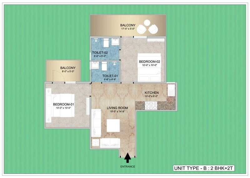 Floor plan of 2 BHK 476 Sq. Ft. Apartment in Adore Happy Homes Grand, Faridabad