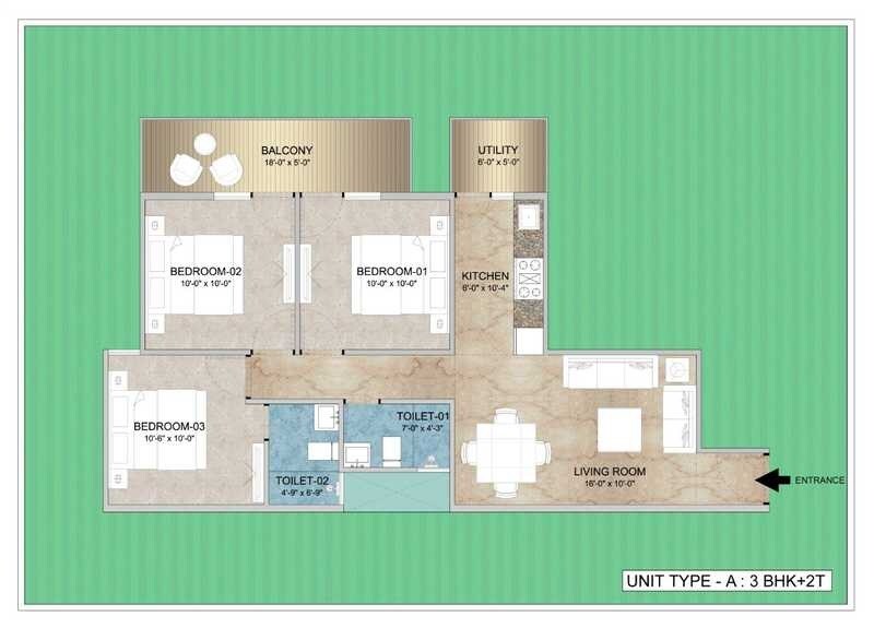 Floor plan of 3 BHK 645 Sq. Ft. Apartment in Adore Happy Homes Grand, Faridabad