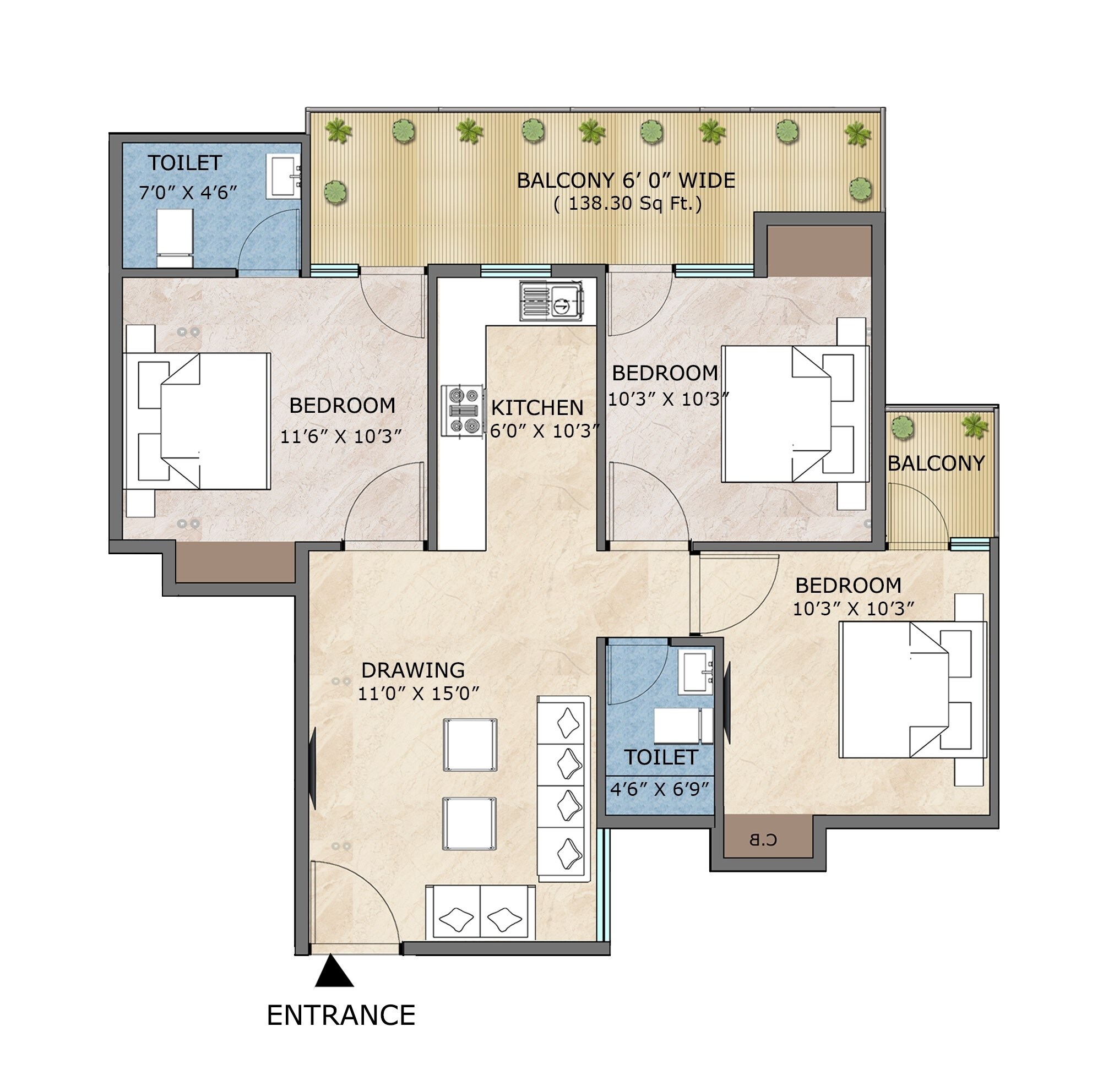 Floor plan of 3 BHK 646 Sq. Ft. Apartment in Adore Happy Homes Pride, Faridabad