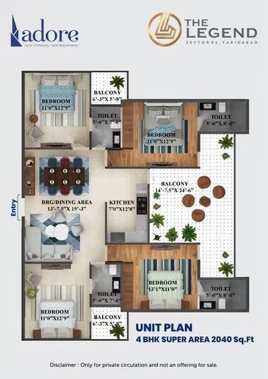 Floor plan of 4 BHK Apartment - 2040 sq. ft. in Adore Legend, Faridabad