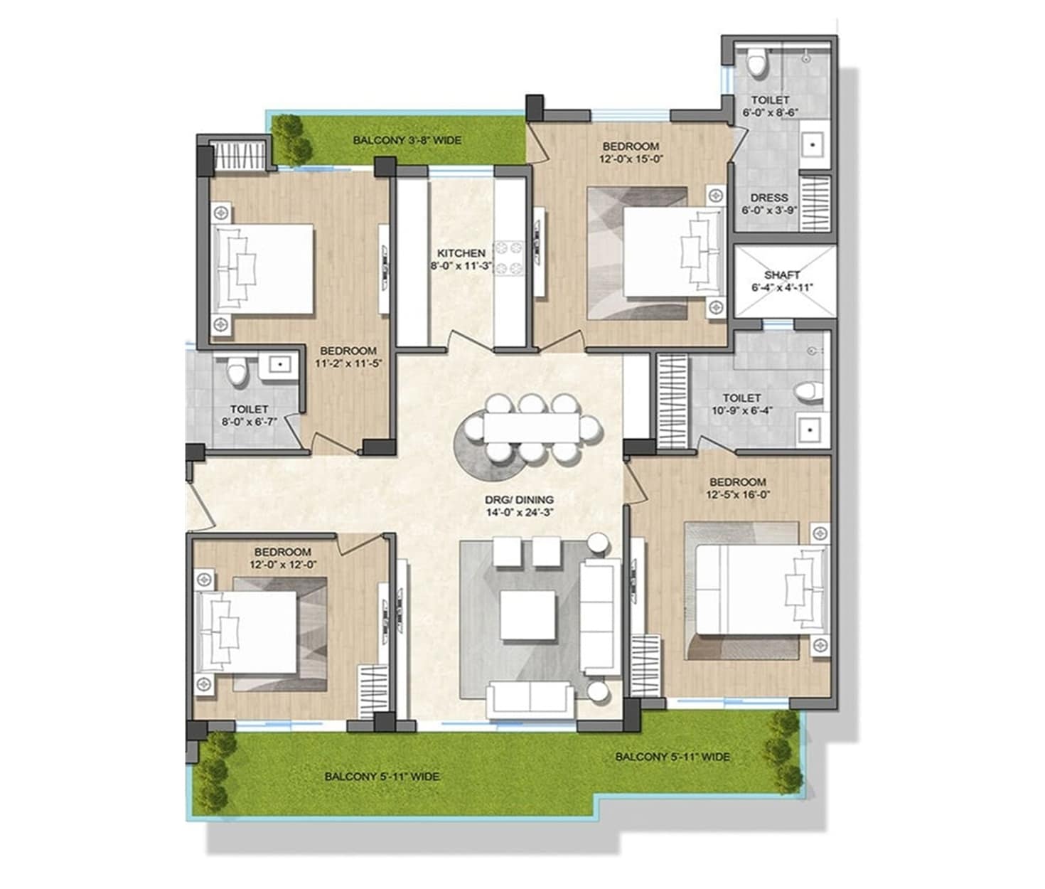 Floor plan of 4 BHK 1560 Sq. Ft. Apartment in Adore Presidential World, Faridabad