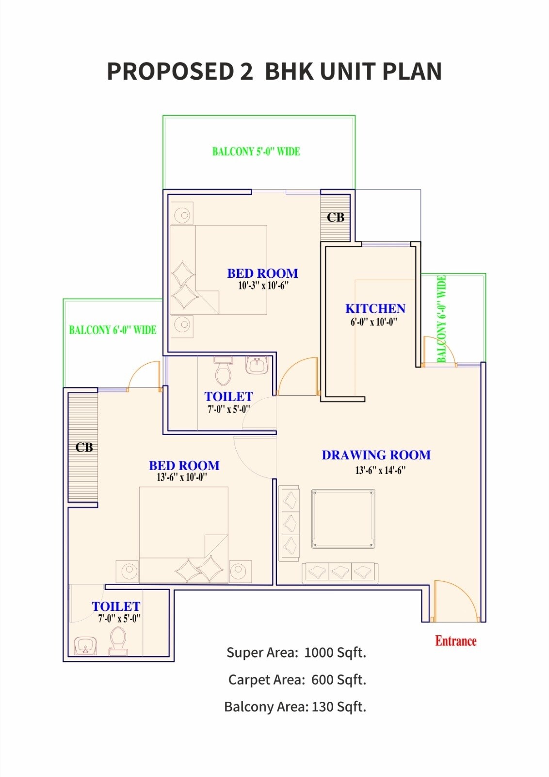 Floor plan of 2 BHK 1000 Sq. Ft. Apartment in Adore Prima, Faridabad