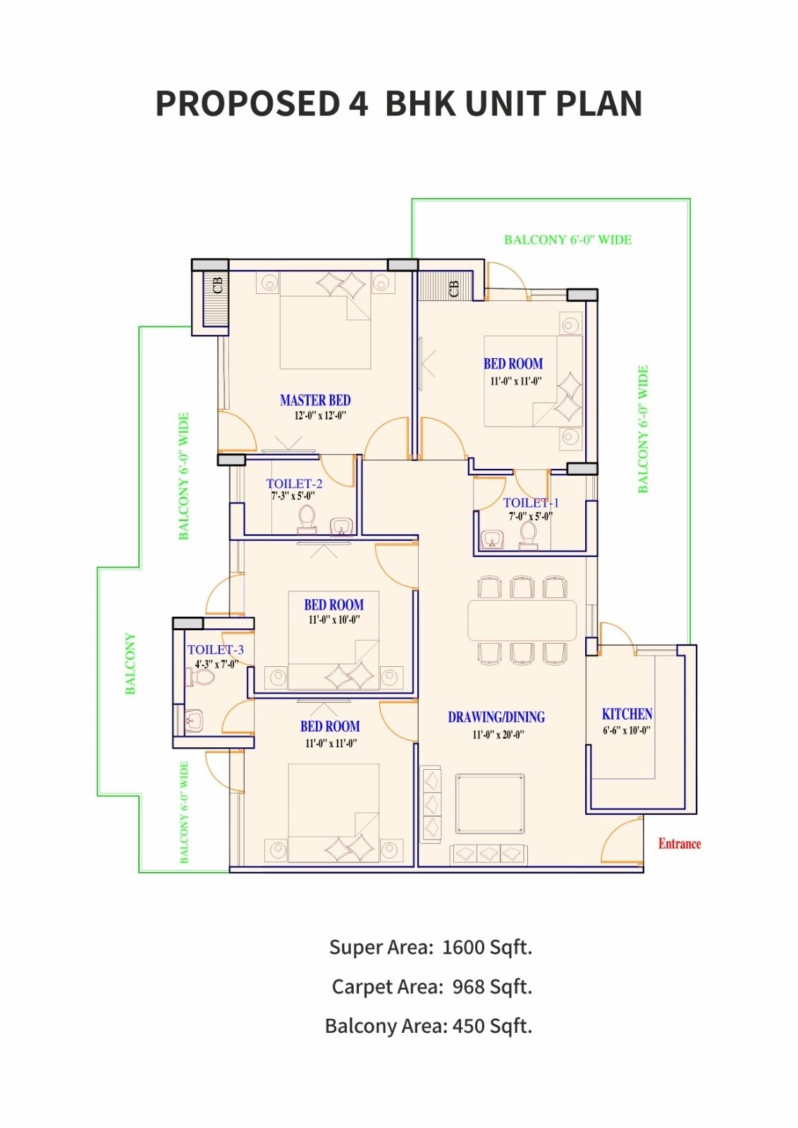 Floor plan of 4 BHK 1600 Sq. Ft. Apartment in Adore Prima, Faridabad